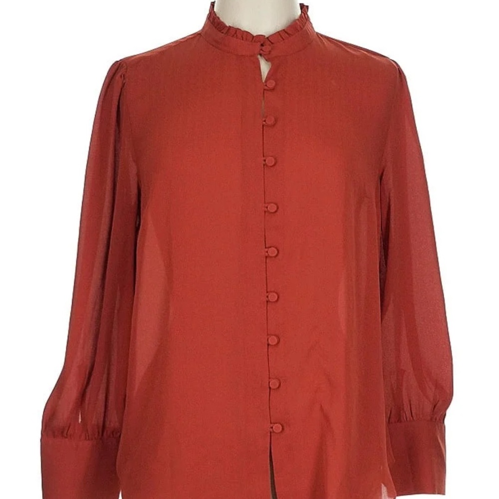 Ann Taylor Brown Puff Sleeve Mandarin Collar Blouse